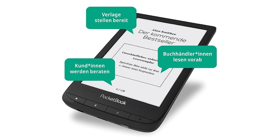 Die Abbildung eines E-Readers mit Highlights in grünen Sprechblasen