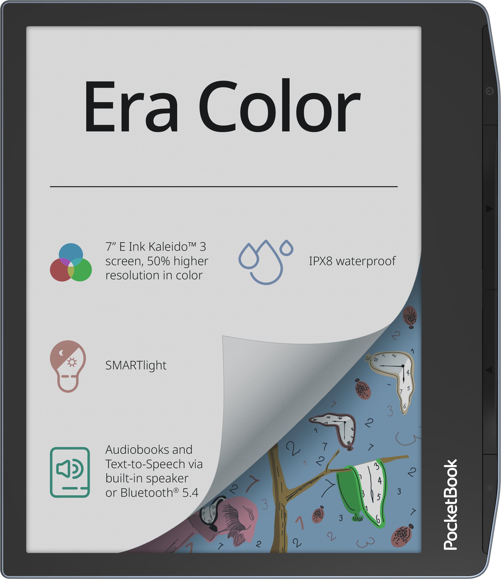 E-Reader "Era Color". Auf dem Bildschirm sind die technischen Angaben des Geräts aufgeführt. Ein angedeutetes Umblättern zeigt das Farbdisplay darunter. E-Reader "Era Color". Auf dem Bildschirm sind die technischen Angaben des Geräts aufgeführt. Ein angedeutetes Umblättern zeigt das Farbdisplay darunter.