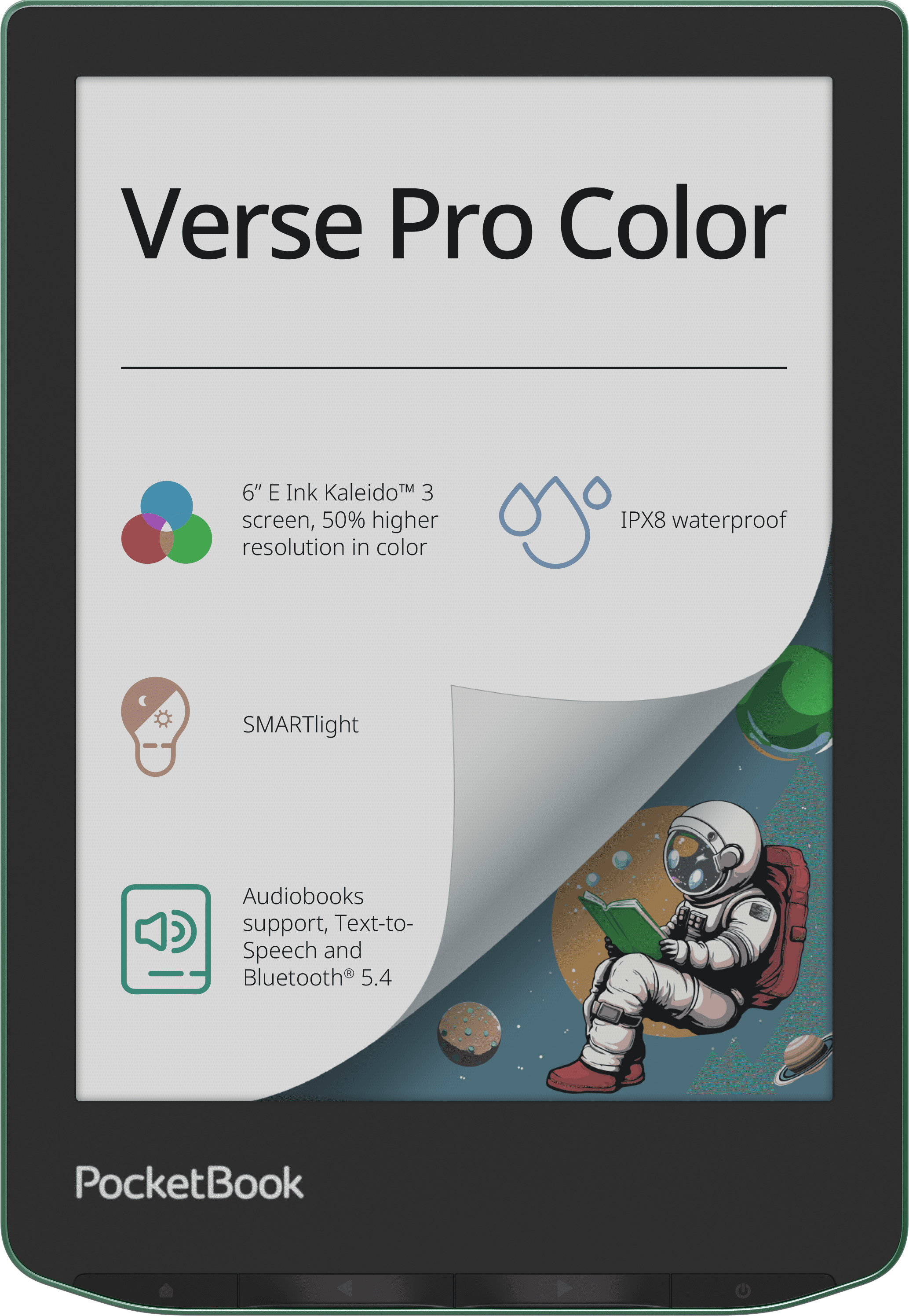 E-Reader "Verse Color Pro". Auf dem Bildschirm sind die technischen Angaben des Geräts aufgeführt. Ein angedeutetes Umblättern zeigt das Farbdisplay darunter. E-Reader "Verse Color Pro". Auf dem Bildschirm sind die technischen Angaben des Geräts aufgeführt. Ein angedeutetes Umblättern zeigt das Farbdisplay darunter.