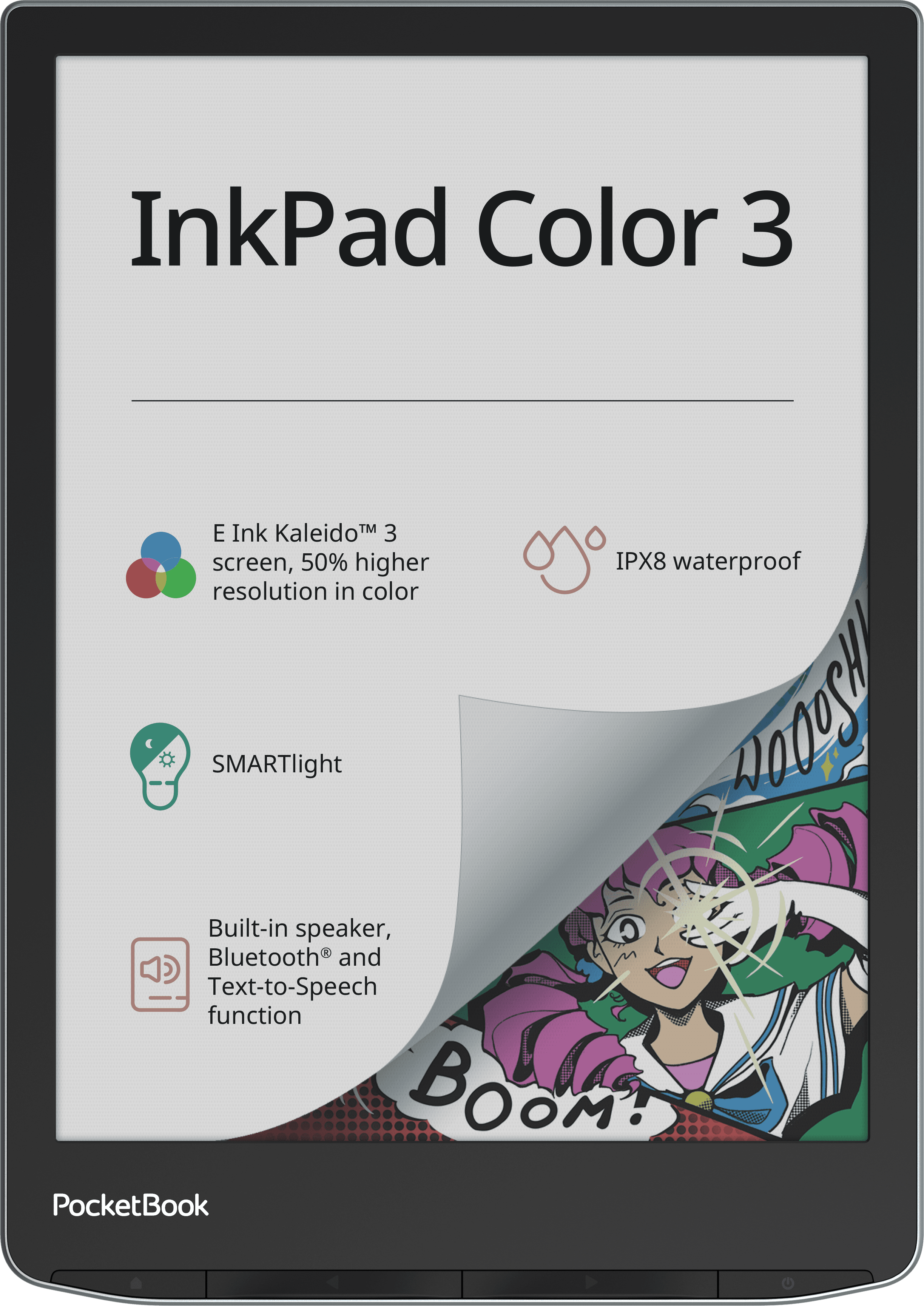 E-Reader "InkPad Color 3". Auf dem Bildschirm sind die technischen Angaben des Geräts aufgeführt. Ein angedeutetes Umblättern zeigt das Farbdisplay darunter. E-Reader "InkPad Color 3". Auf dem Bildschirm sind die technischen Angaben des Geräts aufgeführt. Ein angedeutetes Umblättern zeigt das Farbdisplay darunter.
