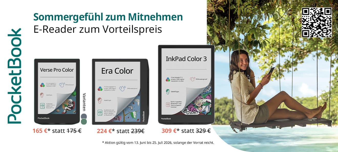 Überschrift auf weißem Grund: Sommergefühl zum Mitnehmen: Mit PocketBook lesen, wann und wo man will! Links darunter Abbildungen der E-Reader Verse pro Color, Era Color und InkPad Color3. Rechts daneben ein Foto einer jungen Frau mit E-Reader in der Hand. Sie sitzt auf einer Schaukel an einem sonnigen Strand. Überschrift auf weißem Grund: Sommergefühl zum Mitnehmen: Mit PocketBook lesen, wann und wo man will! Links darunter Abbildungen der E-Reader Verse pro Color, Era Color und InkPad Color3. Rechts daneben ein Foto einer jungen Frau mit E-Reader in der Hand. Sie sitzt auf einer Schaukel an einem sonnigen Strand.