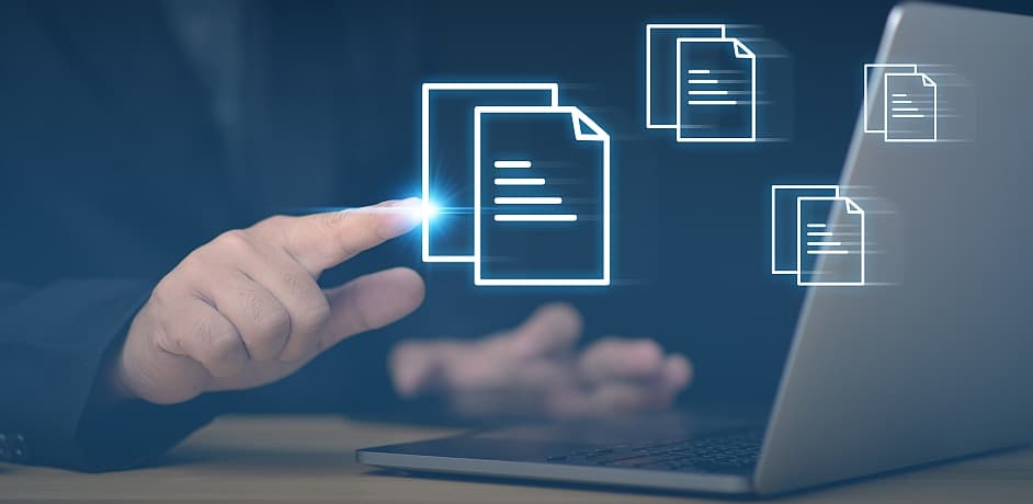 Katalogdaten BWA Format Buchhandlungen Ein Symbolbild für digitale Daten mit fliegenden Dokument Icons
