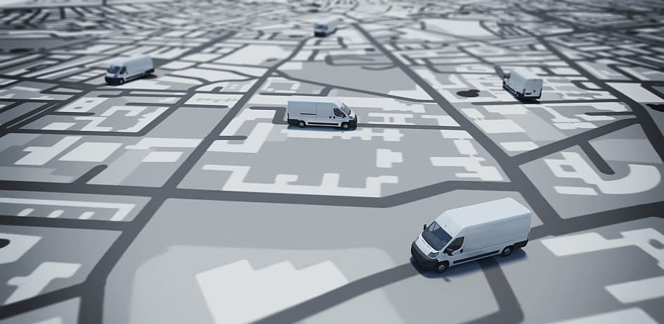 Sendungsverfolgung Tracking für Buchhandlungen Die Illustration eines verfremdeten Stadtplans mit Lieferwagen die darauf fahren